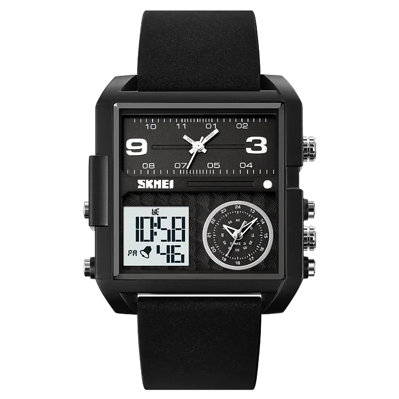 Relógio Digital Com Retroiluminação Preto E Branco, Despertador À Prova D'água 3 Bar, Cronógrafo Casual Com Três Fusos Horários