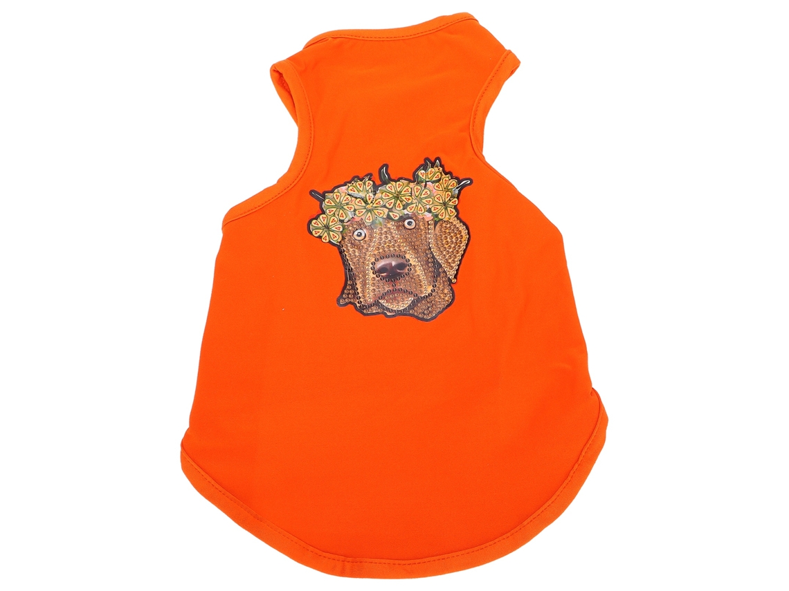 Camiseta Naranja Con Estampado De Cachorro, Suave, Transpirable Y Adornada Con Pedrería, Talla M.