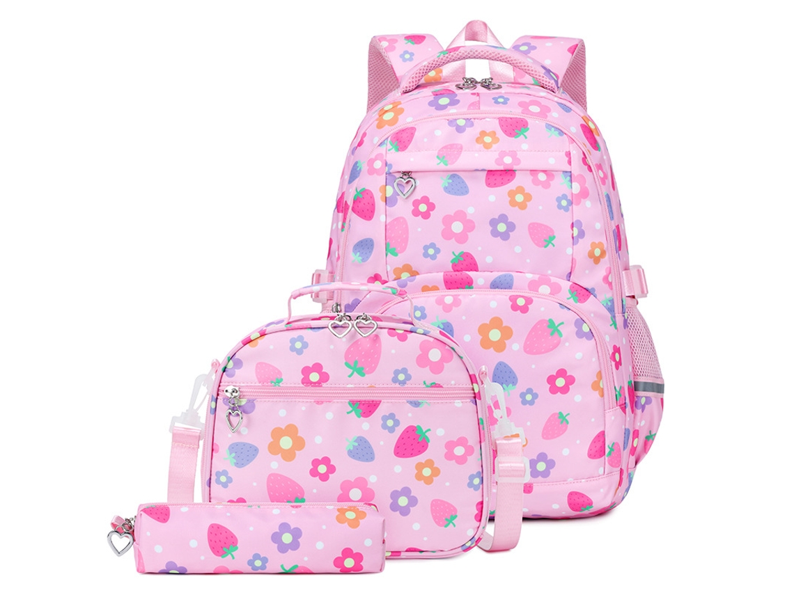 Mochila estudiantil de tres piezas con gran capacidad, color rosa estampado.
