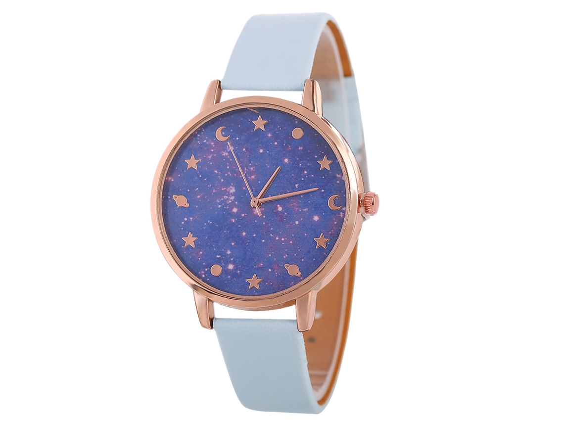 Reloj De Pulsera De Cuarzo Para Mujer Con Esfera Morada Con Diseño De Cielo Estrellado Y Correa De Cuero Azul Claro.