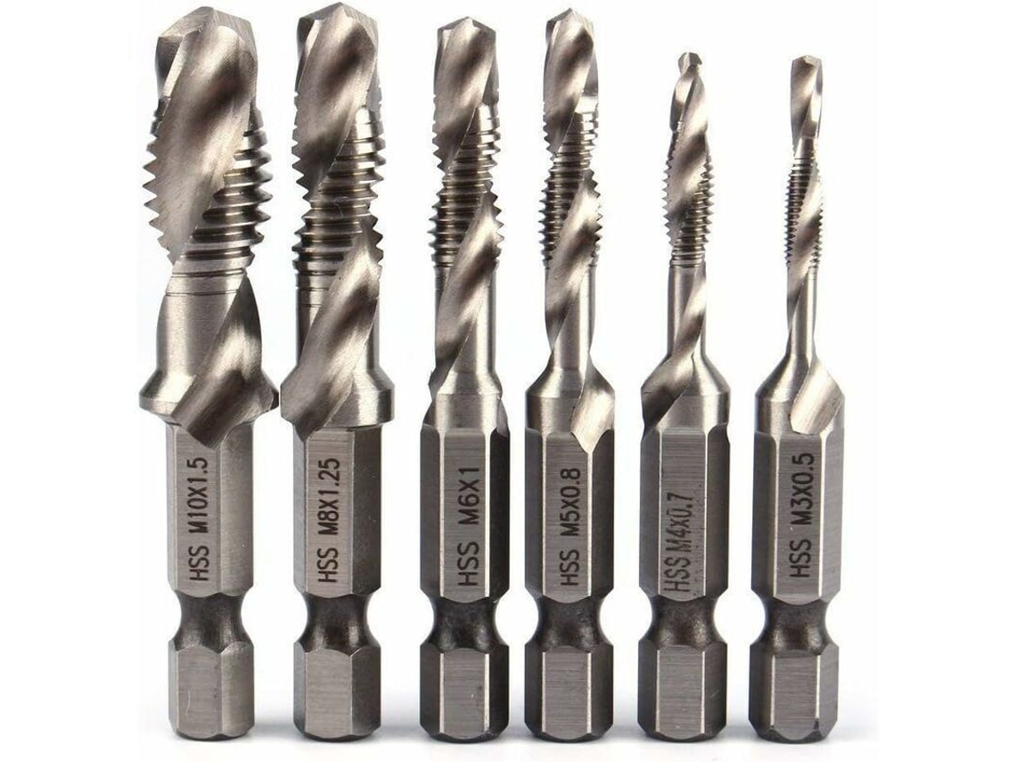 Kit De 6 Brocas Hss Cone Spiral M3-m10 Hexagonal Para Madeira, Ferro, Alumínio, Furadeira, Roscar, Desburrar, Centrar, Prata