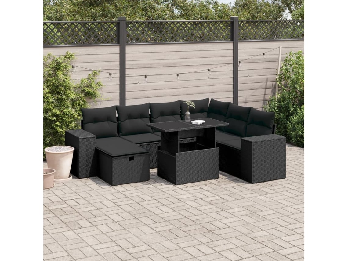 Conjunto de sofá de jardín de 8 piezas con cojines en mimbre sintético negro de DKD Home Decor