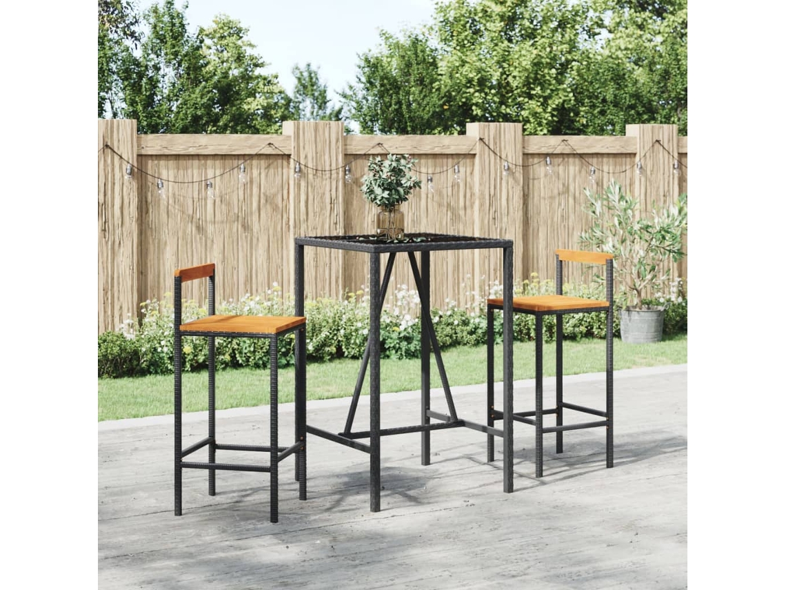Mesa Bar Y Taburetes Jardín 3 Pzas Madera Acacia Ratán Pe Negro