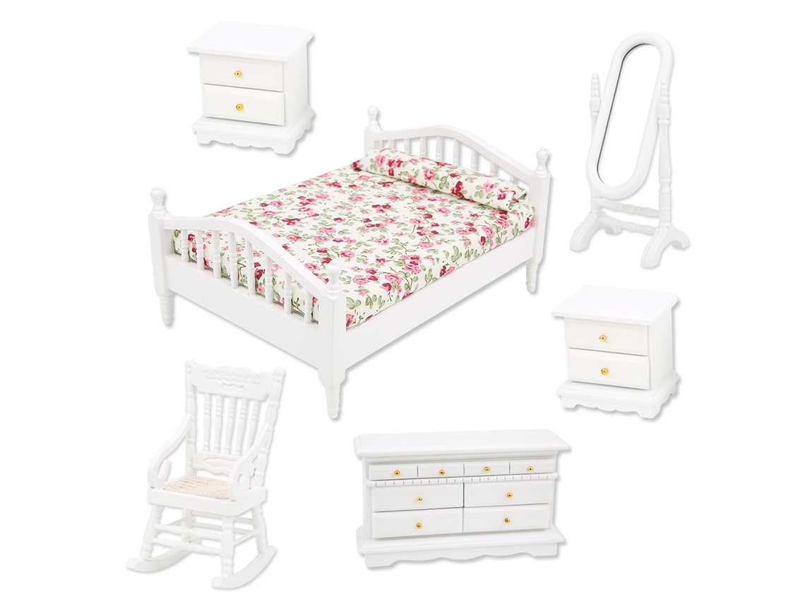 Muebles Miniatura Para Casa De Muñecas, Cama Doble Espejo Mesita Silla Armario Accesorios 6pcs/set