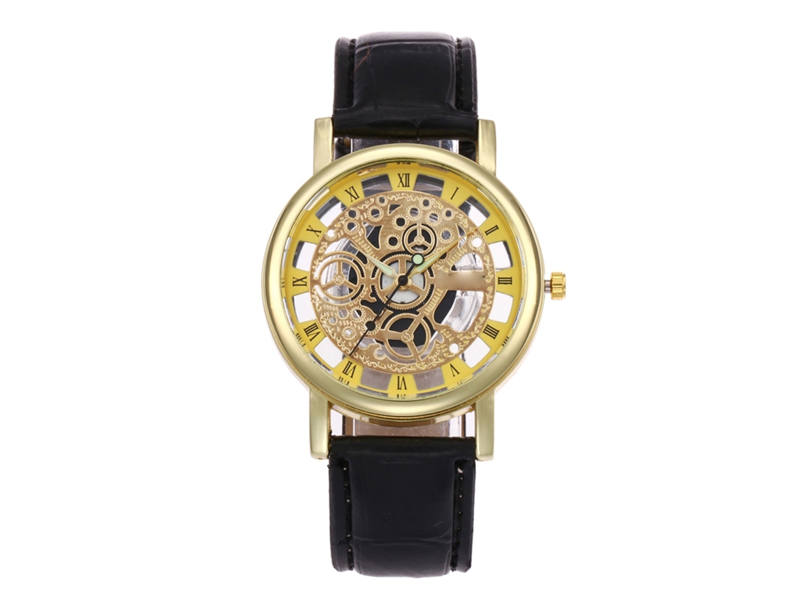 Reloj De Pulsera Analógico De Cuarzo Con Correa De Pu, Dial Simple, Redondo, Unisex (oro Negro)