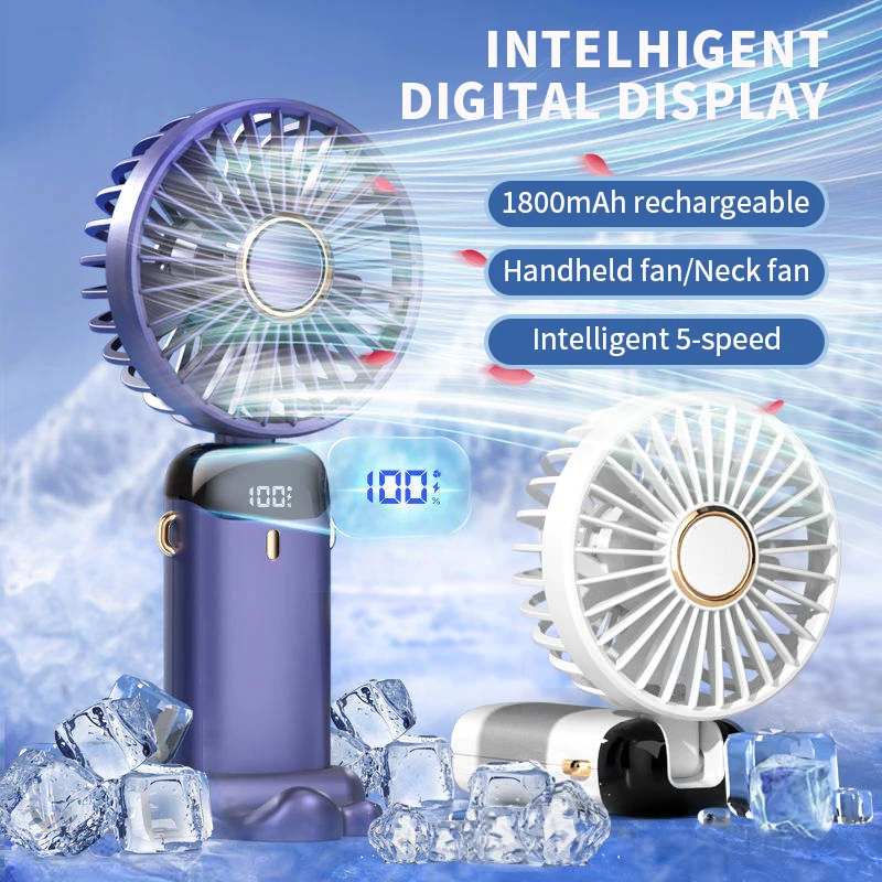 Mini ventilador portátil plegable, 5 velocidades de viento con soporte para teléfono móvil y pantalla, 1800 mAh BRILVIBERA (azul oscuro)