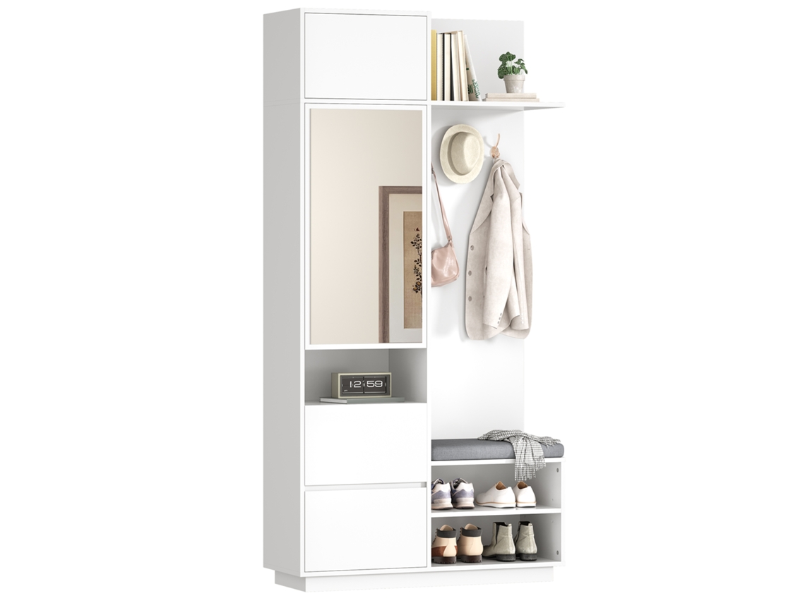 Armario compacto con espejo, banco, zapatero y ganchos, blanco, 120x40x90 cm, MOBRIO
