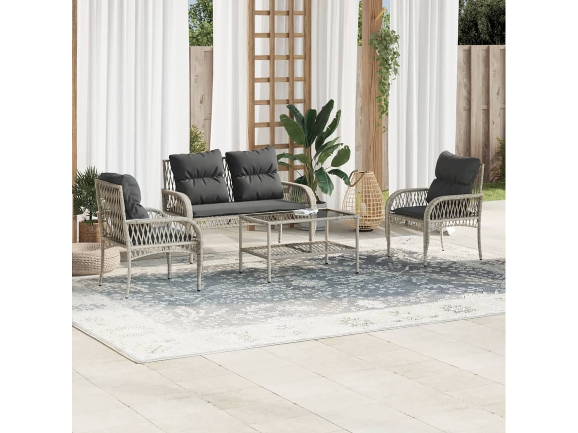 Conjunto de piezas. Sofás Jardim C/ Almofadões Vime Pe Cinzento Claro Dkd Home Decor
