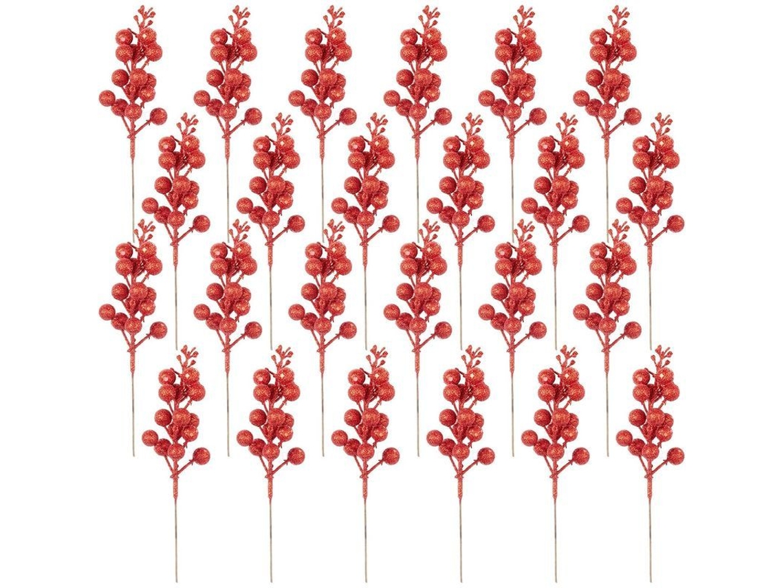 24 Ramos De Frutas Con Purpurina (20 Cm) Para Decoración Navideña, Arreglos Florales Y Adornos Festivos.