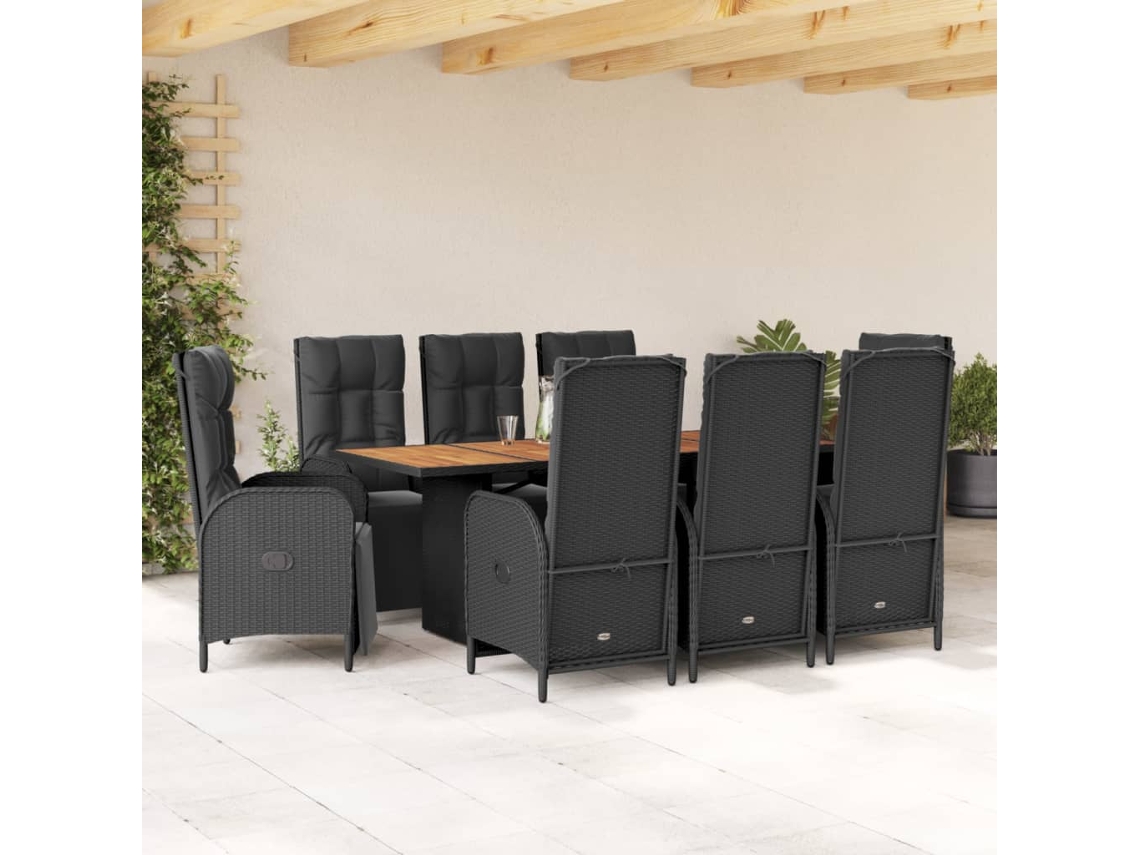 Juego de comedor de jardín de 9 piezas con cojines, mimbre sintético negro, DKD Home Decor