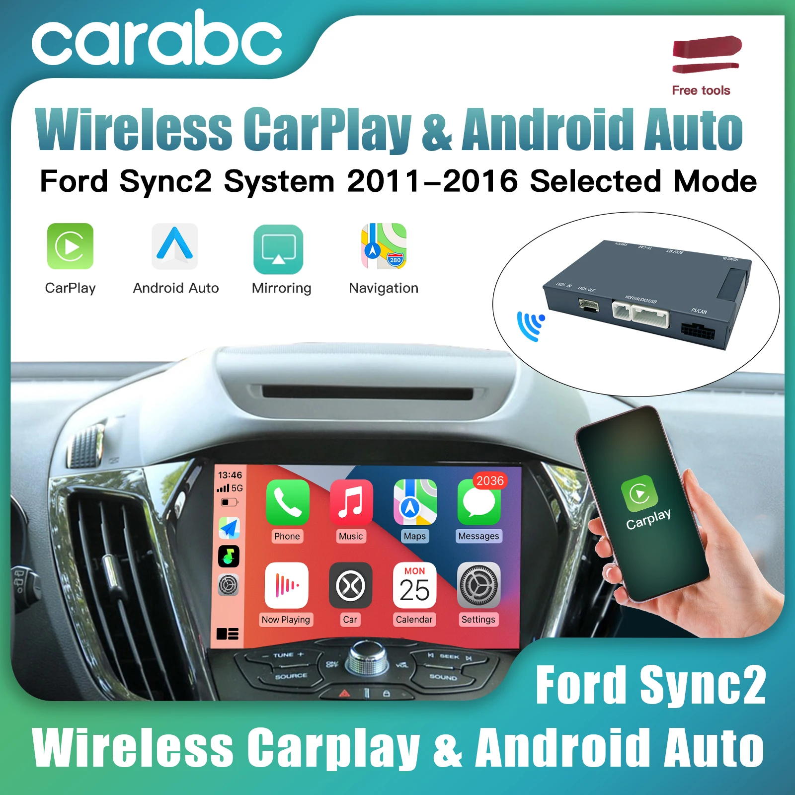 Carabc Wireless Carplay Android Auto para Ford Sync2 2011-2016 Explorer Focus Fiesta C-max Edge F150 Fusion Taurus Boxnew-ford Sync2-002