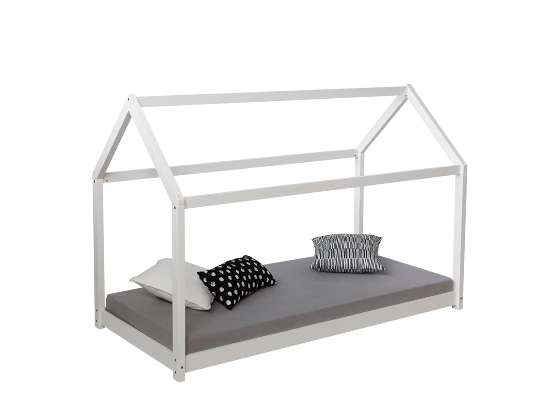 Cama Infantil Con Forma De Casita De Madera Blanca Con Somier De Láminas 80x160 Cm Lit06198