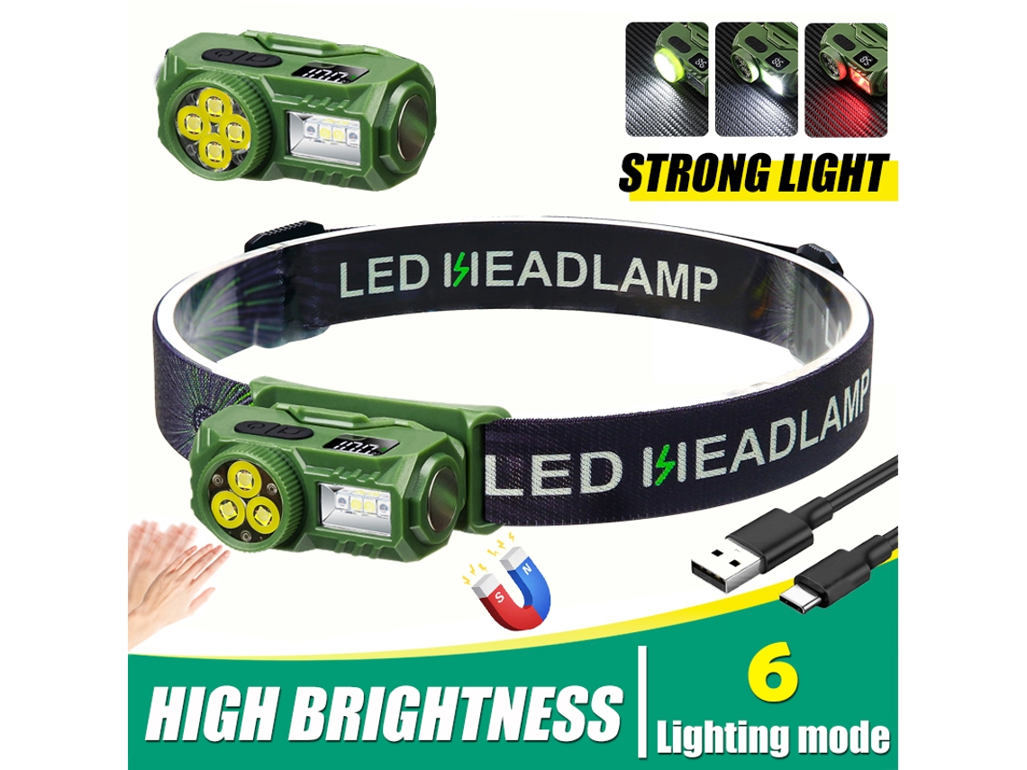 Linterna frontal LED superbrillante con sensor inteligente, luz roja SOS, magnética, recargable por USB. Aeuzwr