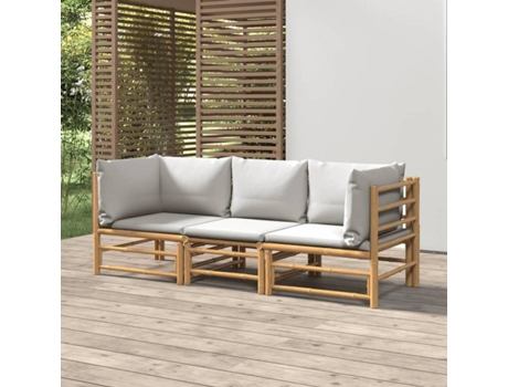 Conjunto 3 de muebles de jardín VIDAXL bambú y cojines gris claro