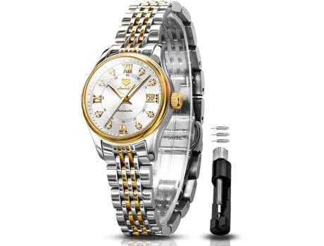 VEANXIN Reloj mecánico delgado impermeable de acero inoxidable dorado y plateado automático para mujer(Oro y plata)