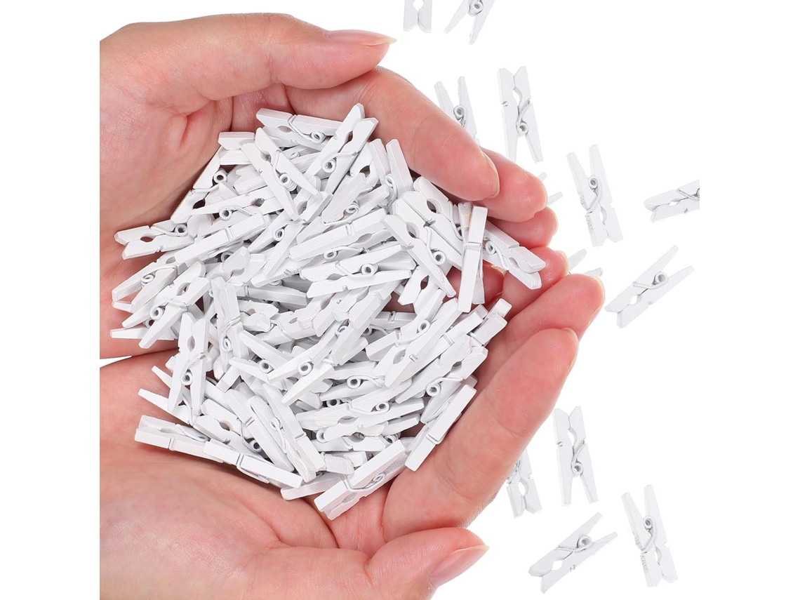 Juego 100 Pinzas Madera Blanca Material Resistente Diseño Moderno Clips Versátiles Colgar Fotos Decoraciones