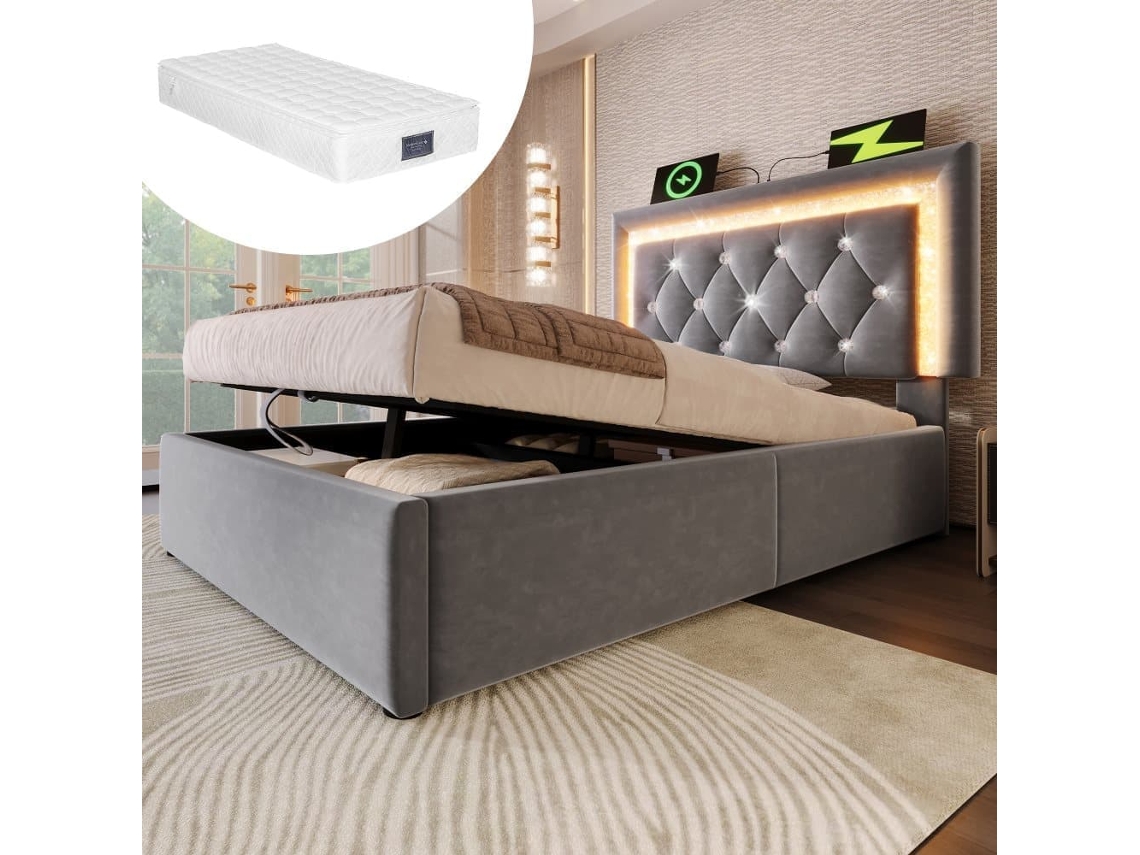 Cama Individual 90x200 Cm - Terciopelo, Led En Cabecera, Usb Type-c, Almacenaje Hidráulico - Gris