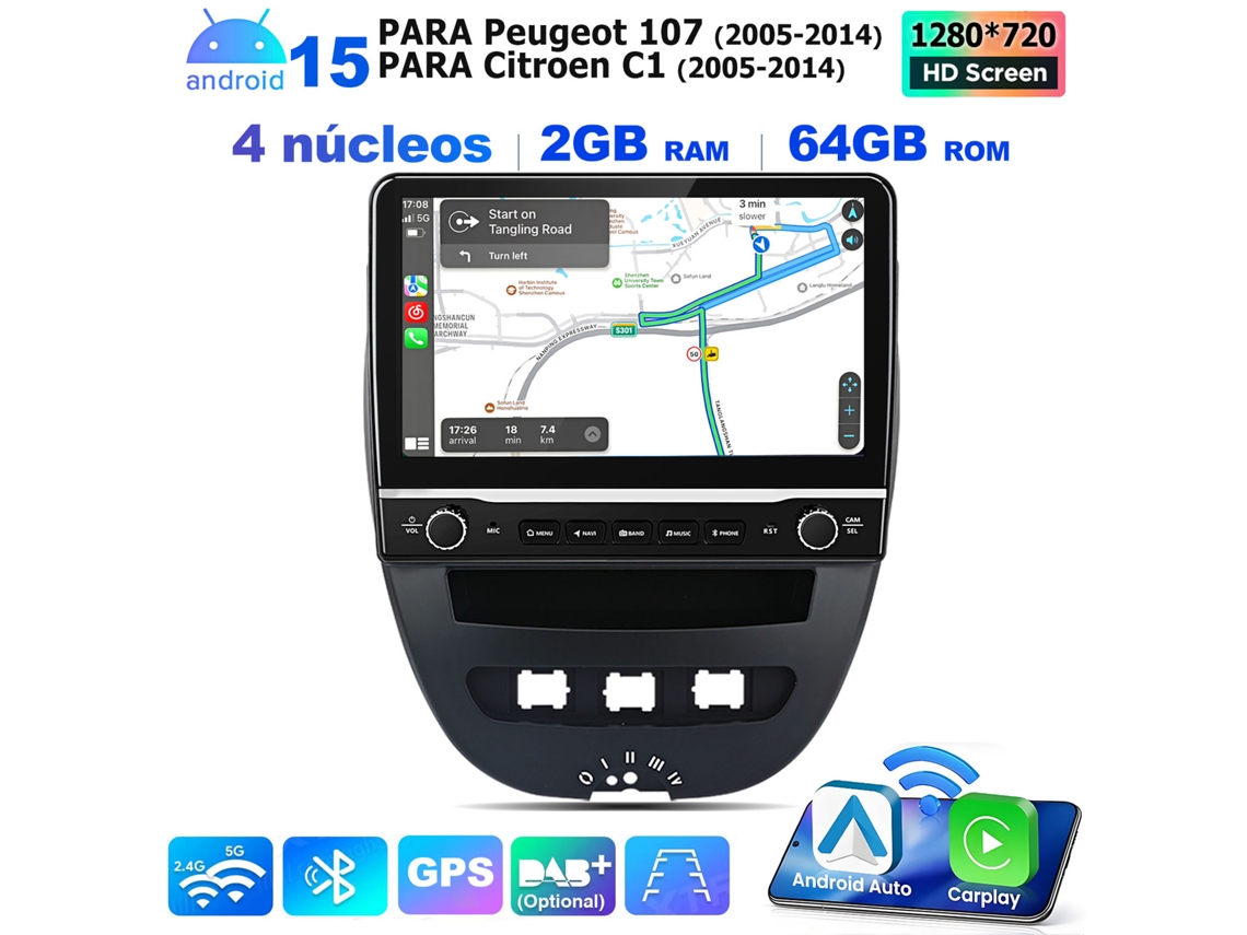 Hexinex — Radio Para Coche Android 15 De 10,1 Pulgadas (2 Gb + 64 Gb) Con Wi-fi Y Procesador De Cuatro Núcleos — Compatible Con Peugeot 107 Y Citroën