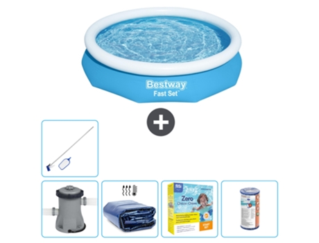 Piscina hinchable redonda Fast Set BESTWAY - 305 x 66 cm - Azul - Bomba incluida Vela solar - Paquete de mantenimiento - Filtrar - kit de limpieza