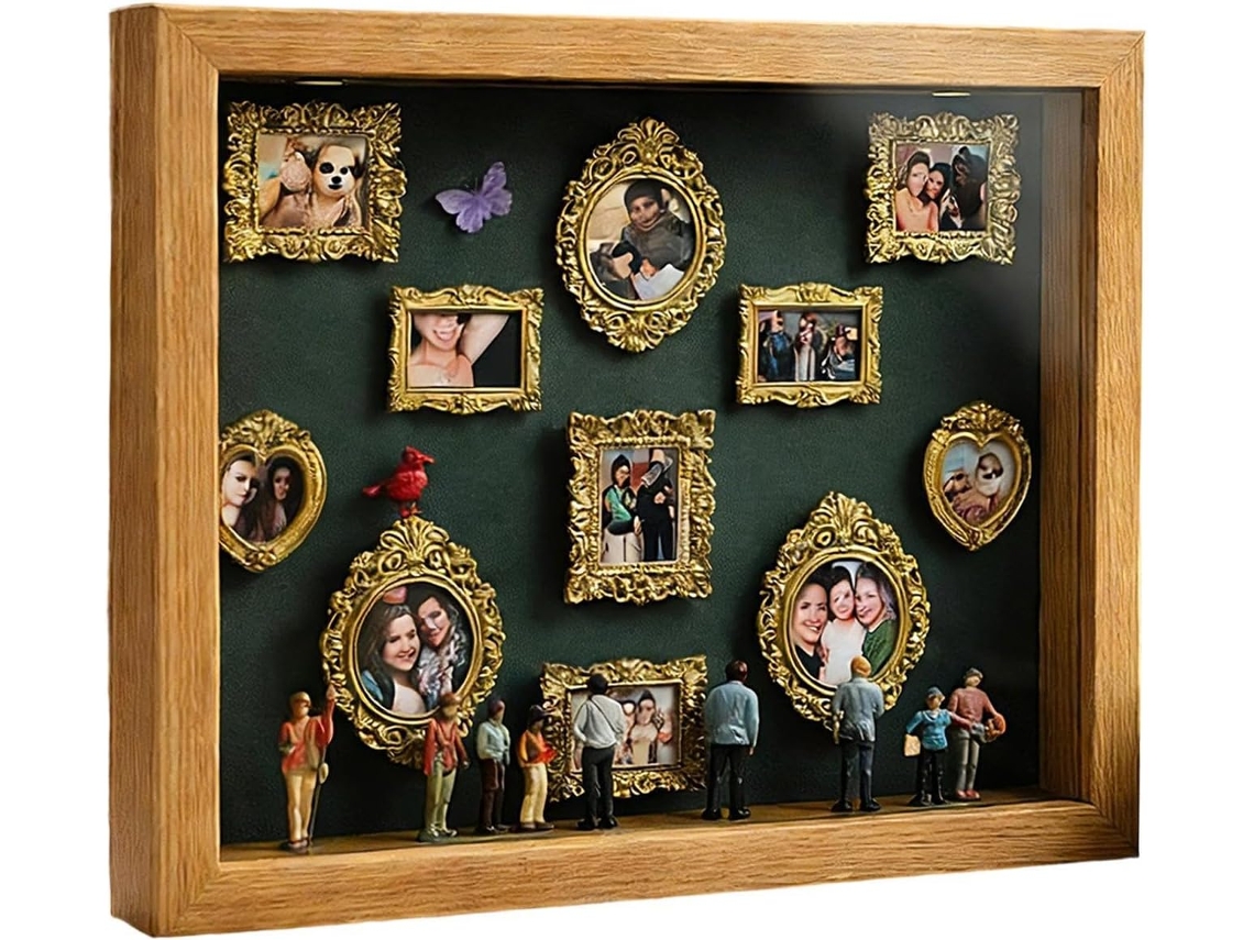 Mini Museo De Muñecas Diy - Marco De Foto Retro Con Led Y 8 Ornamentos - Madera Natural