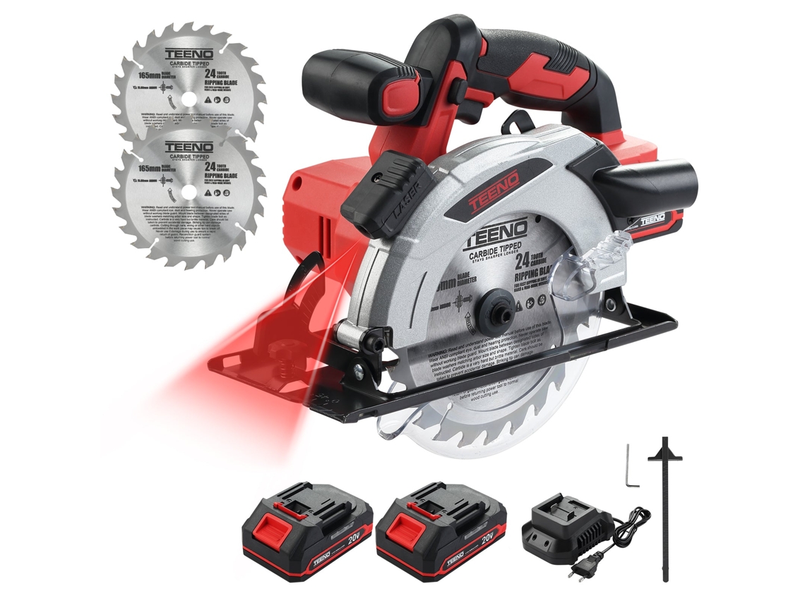 Sierra Circular Inalámbrica Con Láser, 4000 Rpm, 2 Baterías De 2,0 Ah, 2 Hojas De Sierra De 165 Mm, Interruptor De Doble Protección