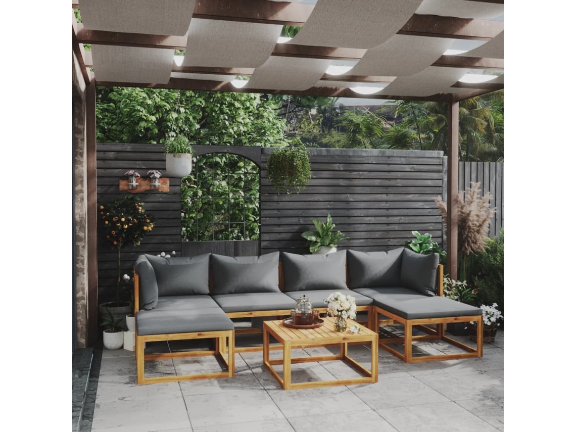Conjunto de jardín de 7 piezas con cojines de acacia maciza DKD Home Decor