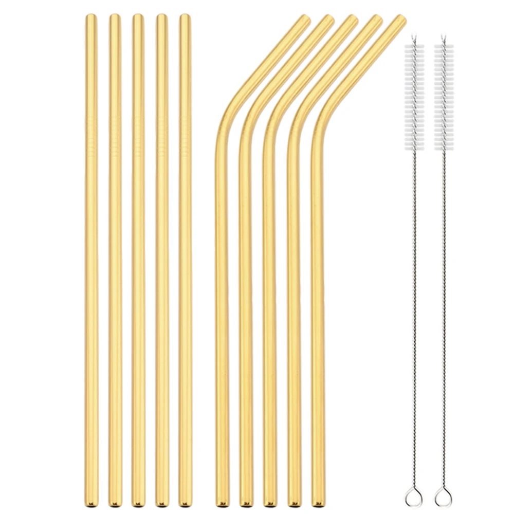 12 pajitas reutilizables de metal doradas y ecológicas con cepillo de limpieza, de acero inoxidable, ideales para bebidas, bares y fiestas.