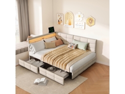 Sofá-cama L 140x200cm En Tela De Lino Beige Con Cabecero Led, 2 Cajones De Almacenaje, Carga Usb Tipo-c Y Estructura Metálica Reforzada