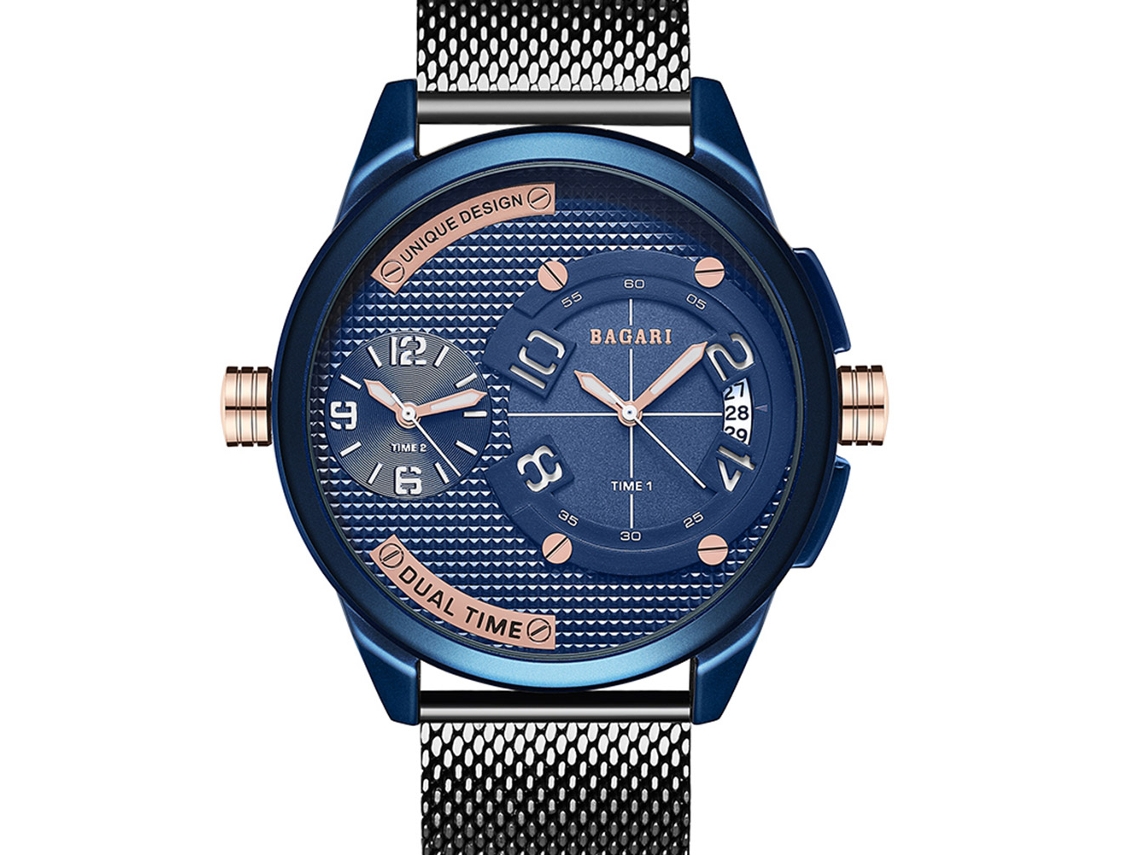 Reloj De Pulsera Hombre Bagari De Cuarzo Con Correa De Malla Redonda Azul Negro