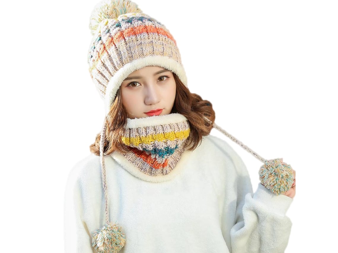 Set Gorro Bufanda Tejido Para Mujer Caliente Grueso Ganchillo Con Pompones Para Ski Snowboard Outdoor