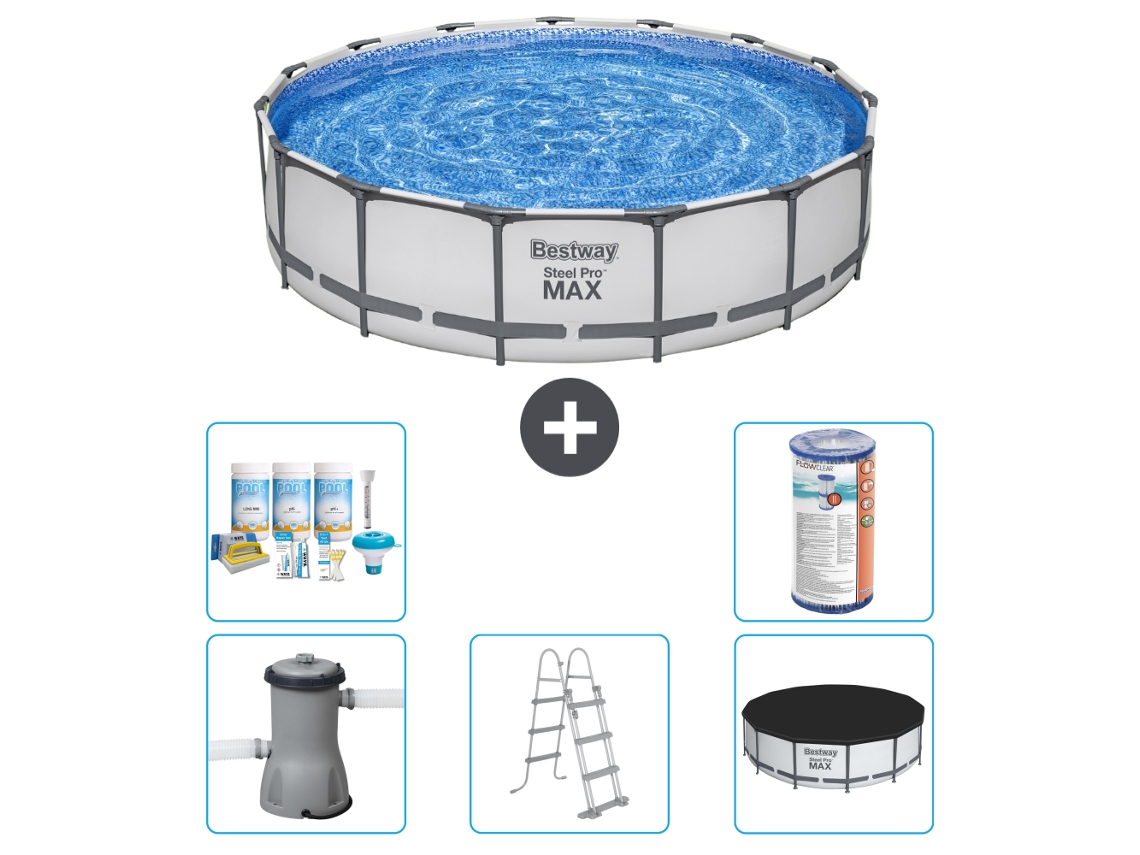 Piscina BESTWAY Round Steel Pro MAX - 457 x 107 cm - Gris - Incluida bomba - Escalera - Cobertor Paquete de mantenimiento - Filtrar