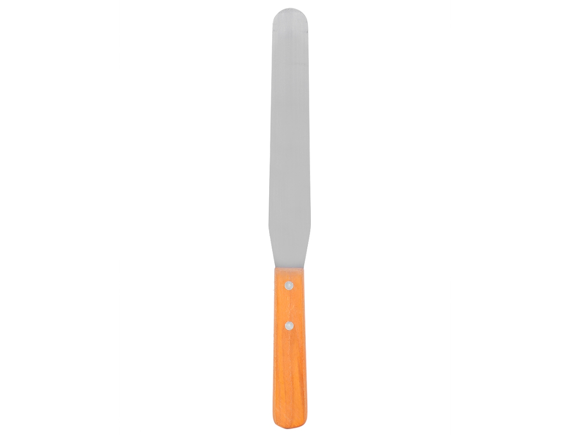 Espátula de acero inoxidable con mango de madera para pasteles y pan, raspador de crema, color marrón plateado