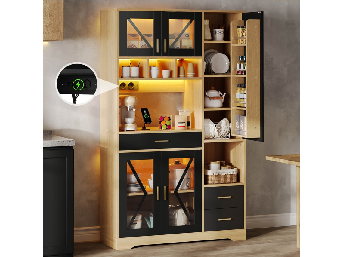 Armario Cocina 185x105x40 Cm, Vitrina, Led, Enchufes, Estilo Rústico, Negro/natural