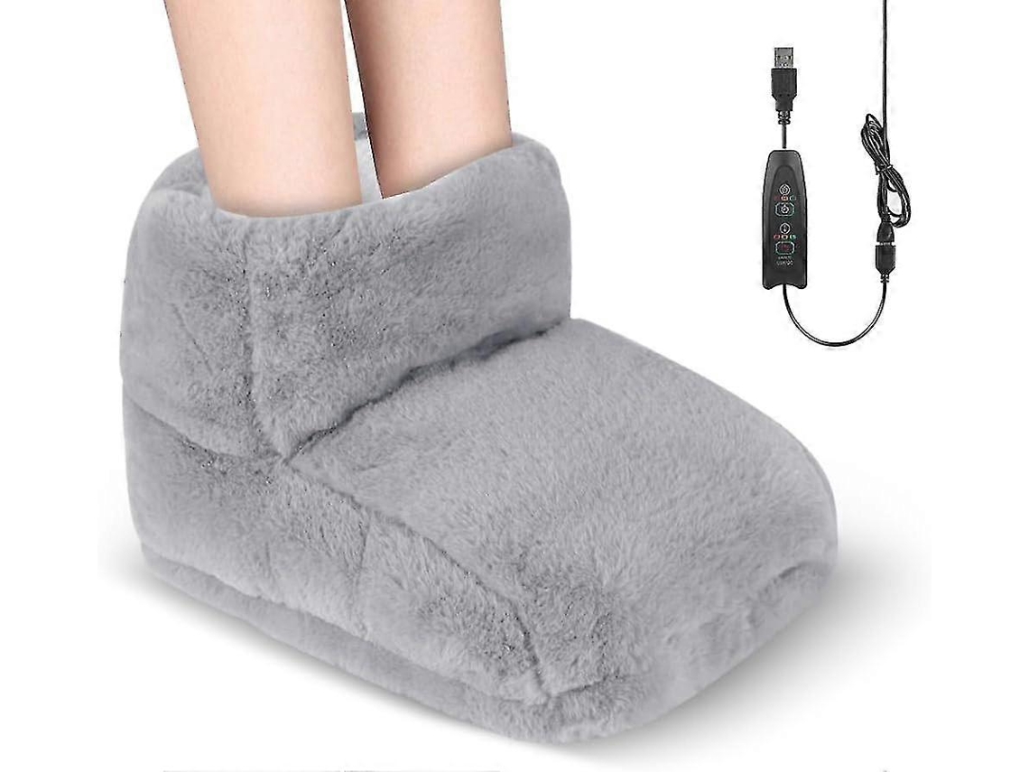 Aquecedor de pés recarregável com 3 níveis de temperatura, materiais macios e laváveis, aquecimento constante, USB 5V, cinza.