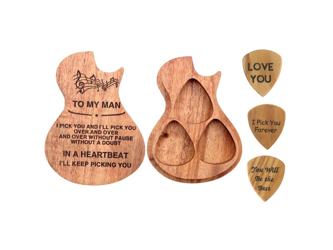-kit Caja Para Púa De Guitarra Madera Grabada Con 3 Púas Regalo Para Día De La Madre Padre San Valentín Cumpleaños 5 Piezas