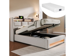Cama Individual De 90x200 Cm Con Iluminación Led Y Puerto Usb, Estructura Metálica, Tela De Lino Y Colchón.beige
