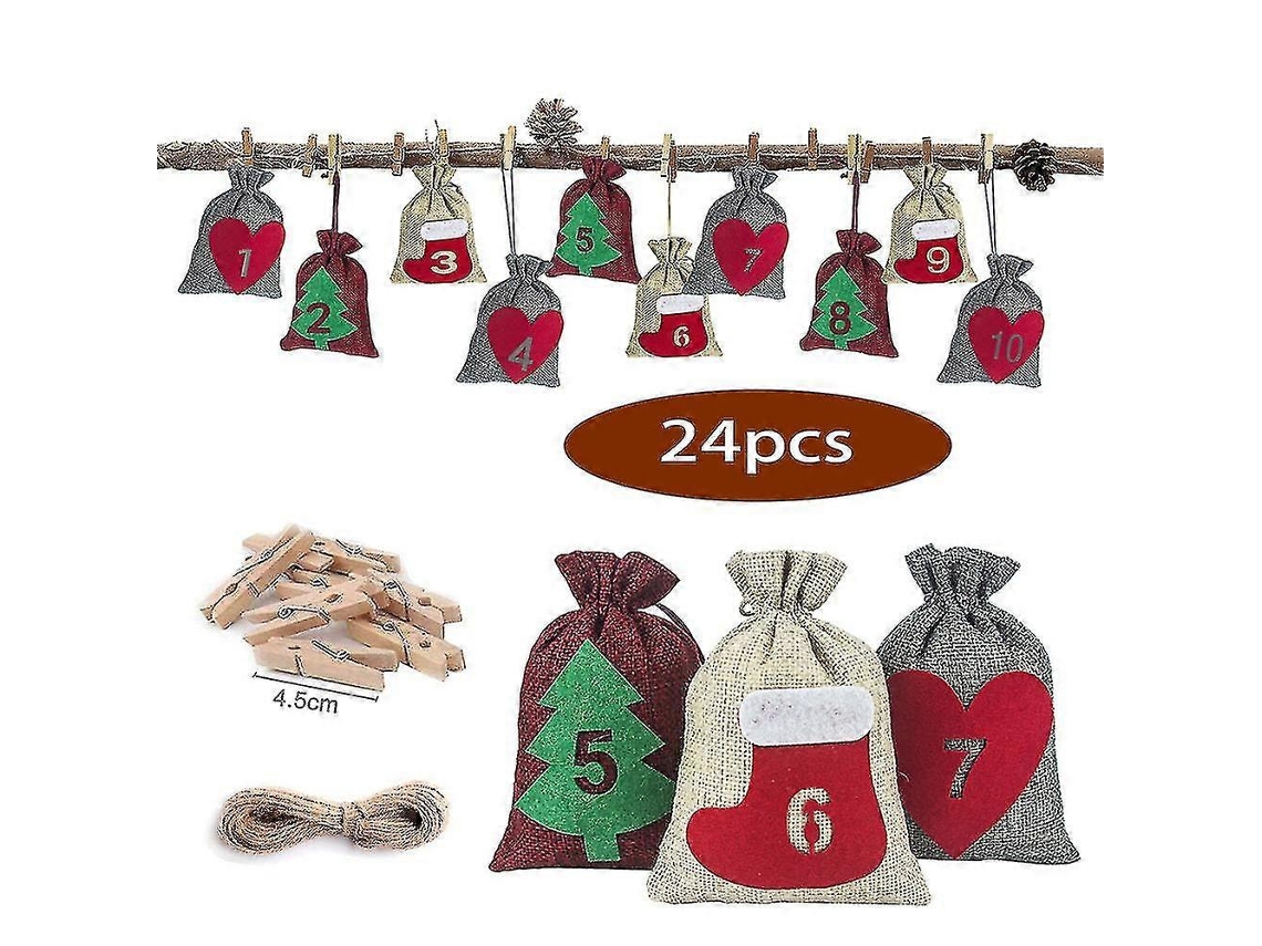 Juego de 24 bolsas de regalo navideñas de lino con cordón para la cuenta regresiva de Adviento - Hengjian