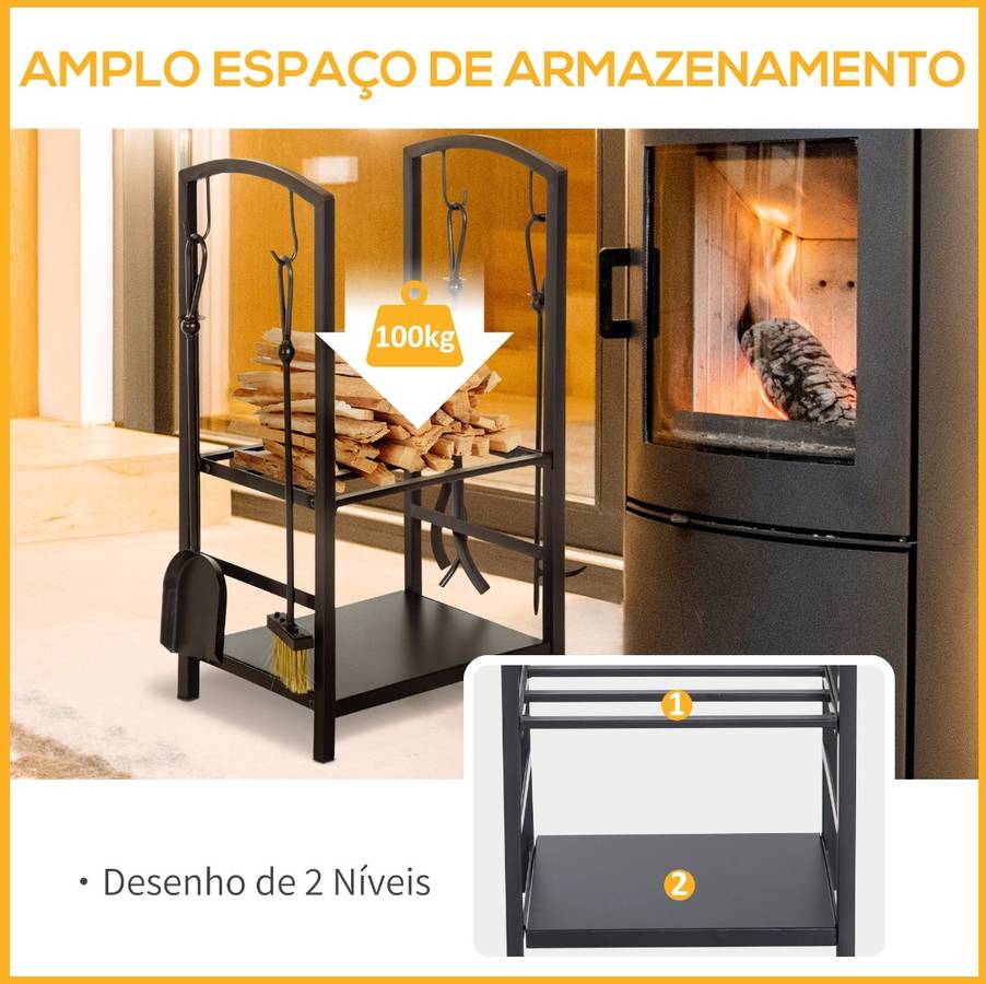 Estante De Para chimenea 40x30x745cm soporte 2 niveles leñero exterior interior con 4 herramientas carga 100kg metal 40x30x745 cmoutsunny.negro 40x30x74.5