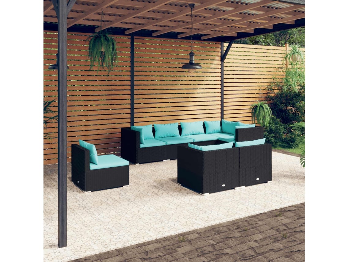 Conjunto de jardín de 8 piezas con cojines, mimbre sintético negro, DKD Home Decor
