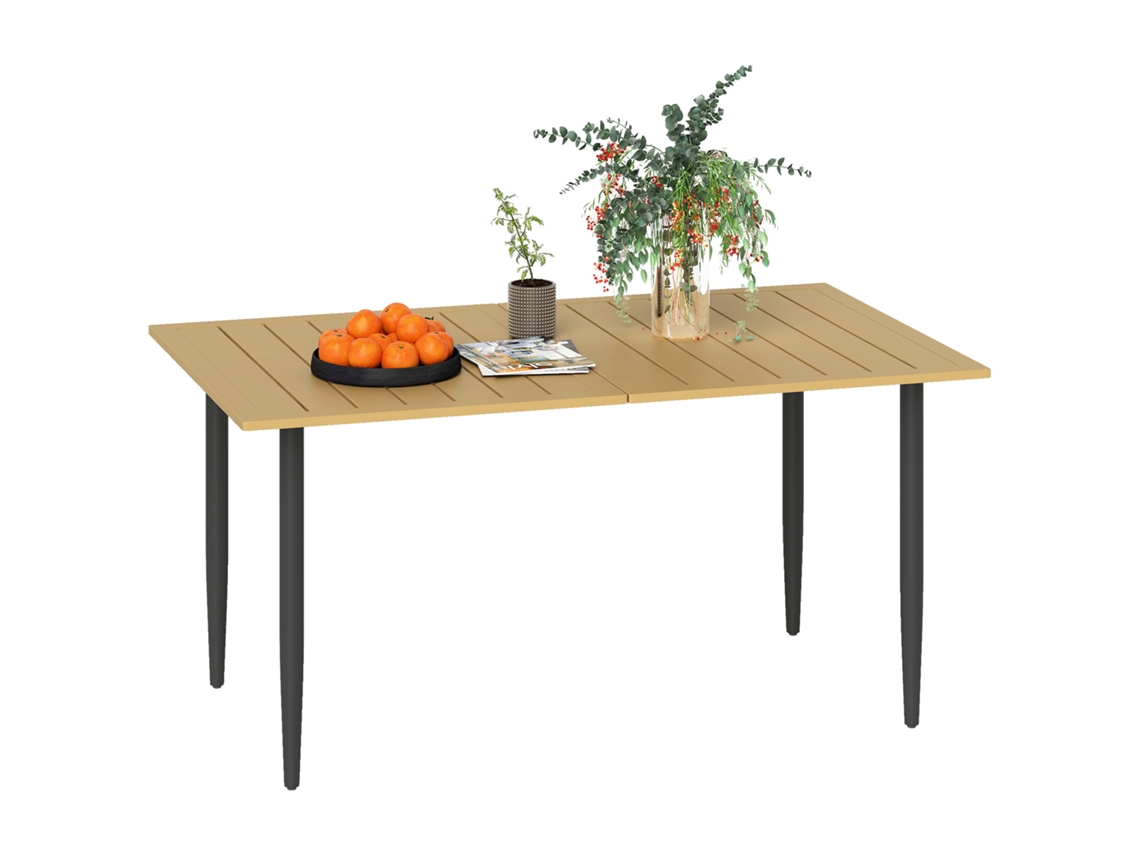 Mesa de jardín de acero con orificio para sombrilla, 150 x 90 cm.