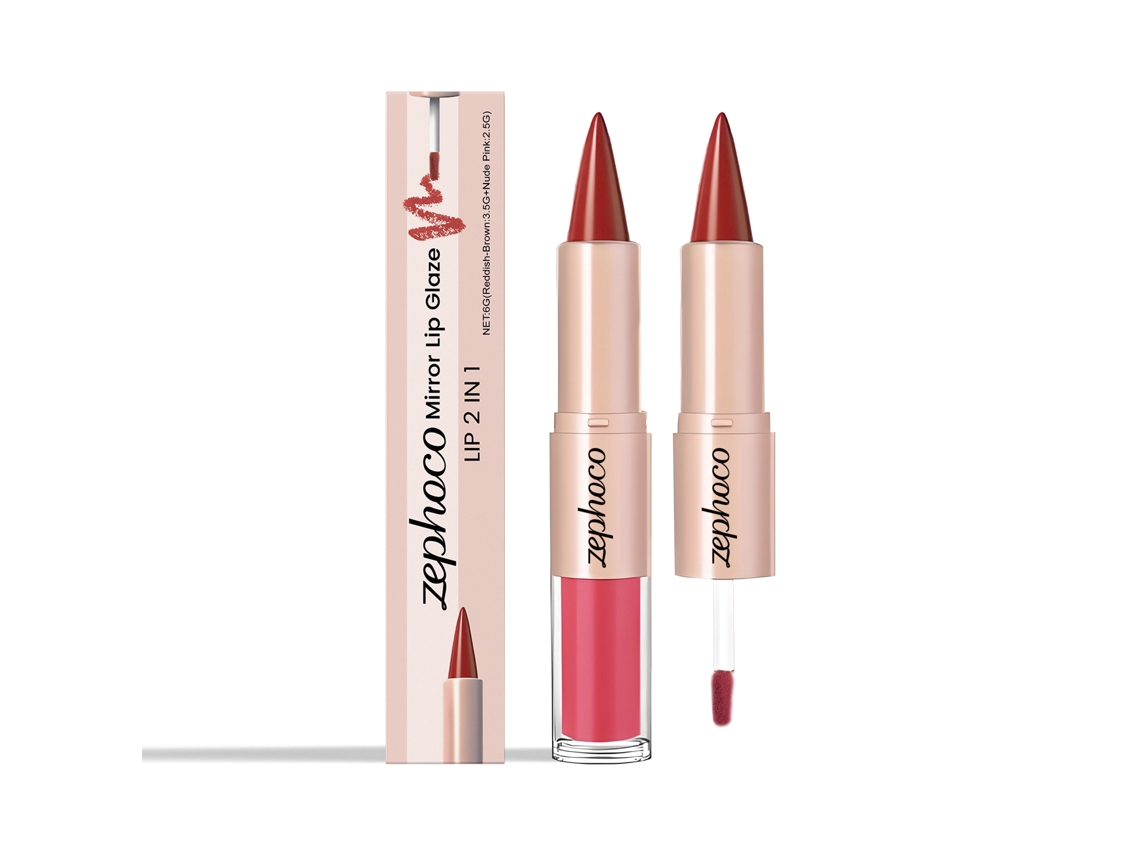 Barra de labios con brillo de espejo 2 en 1: rojo, marrón y rosa nude.
