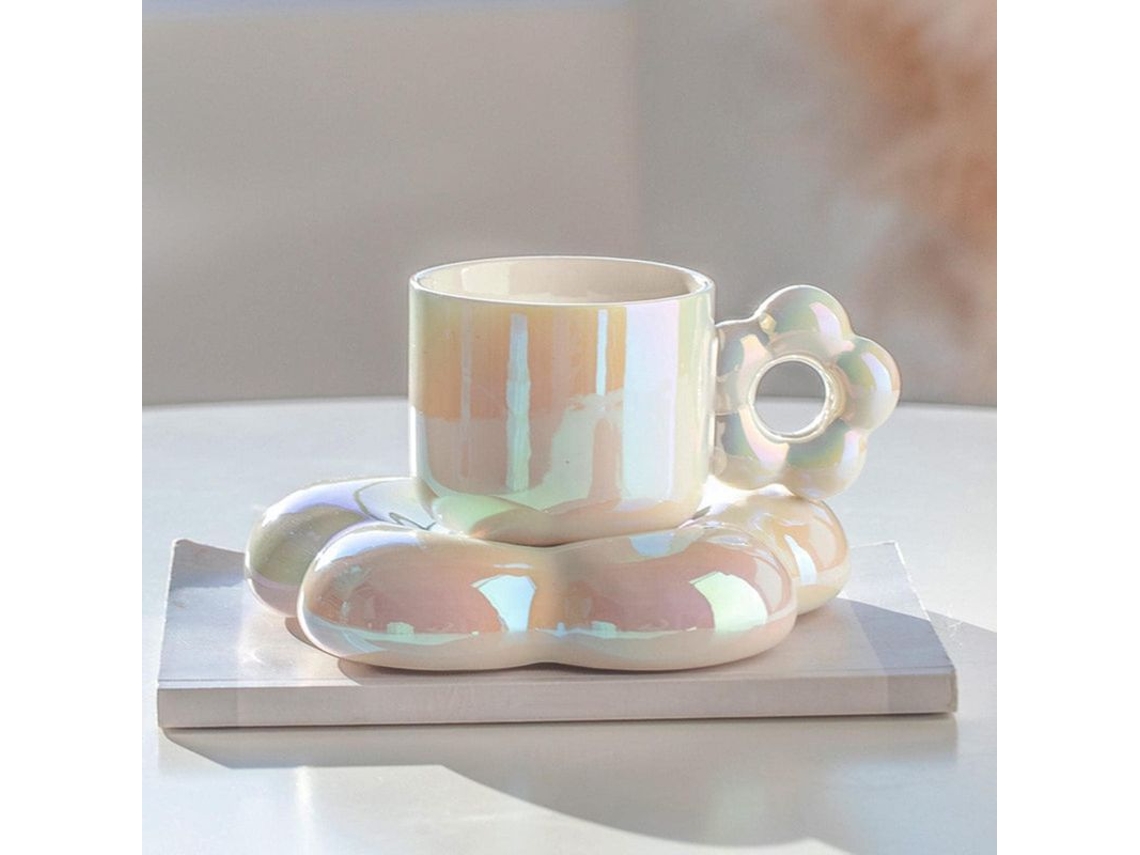 Juego de taza y plato de café, taza de cerámica con asa floral, blanca, 300 ml, para capuchino, espresso y té.