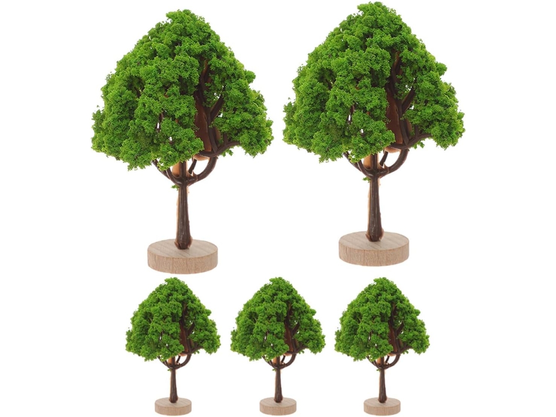 Conjunto de 5 árboles en miniatura, diseño urbano en plástico y madera, modelado realista, decoración.