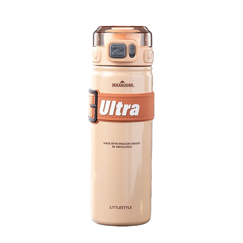 Botella isotérmica (marrón, 600 ml), acero inoxidable, a prueba de fugas, con asa de transporte, botella de agua deportiva.