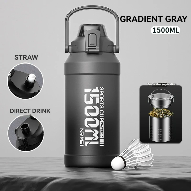 Termo De Acero Inoxidable 316 (gris, 1500 Ml), Con Pajita Y Asa, Gran Capacidad.