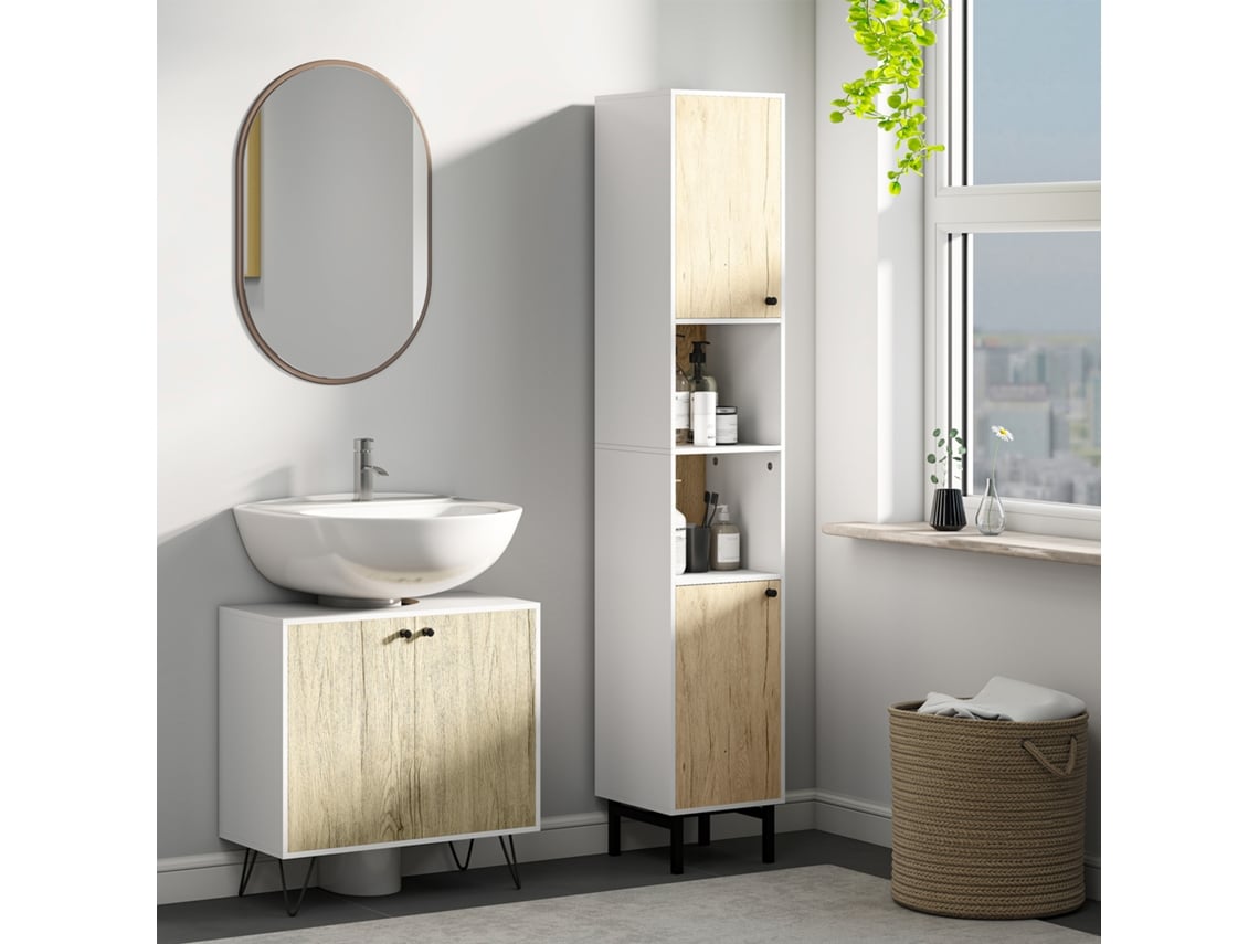 Coluna Para Banheiro Com 6 Compartimentos Para Chuveiro, Vaso Sanitário E Quarto, Estilo Moderno, 31,5 X 30 X 169 Cm, Branca E Carvalho.