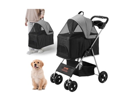 VEVOR Carrito Giratorio 4 Ruedas para Perros con Freno, Capacidad 35 Libras, Cesto de Almacenamiento y Portavasos, Negro y Gris Oscuro
