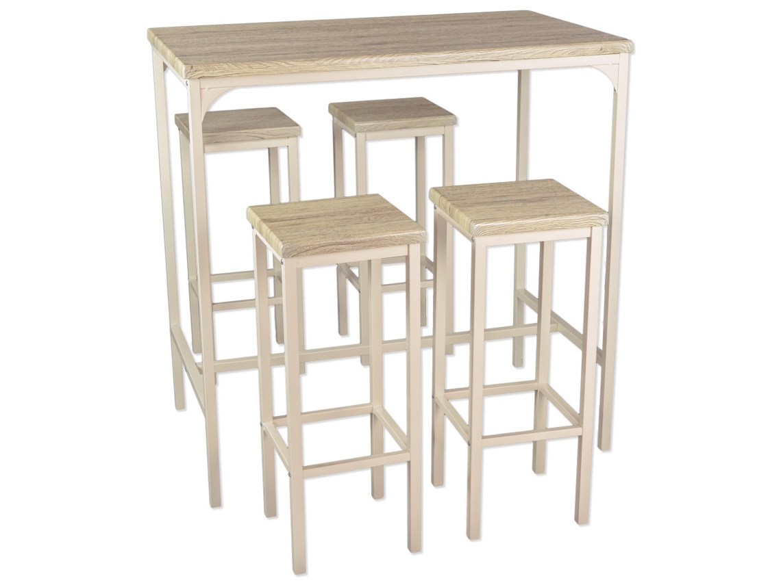 Conjunto de mesa de bar rectangular de 110x66x110 cm y 4 taburetes beige, modelo Riccione de Yelloo