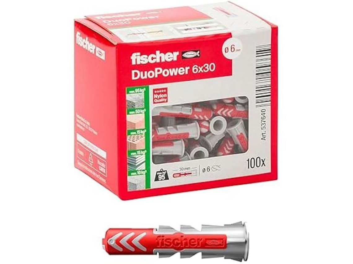 FISCHER 100 tacos duo diámetro 6 mm longitud 30 mm para paredes macizas ladrillos perforados placas de yeso