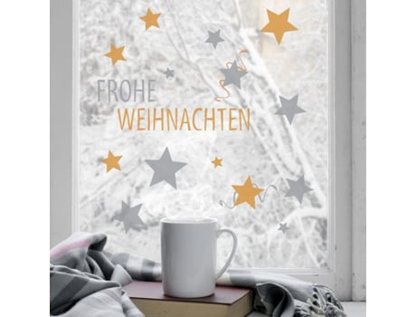 Adhesivos Decorativos Electroestáticos PLAGE Citas de Navidad en Alemán con Estrellas de Oro y Plata 29.7 cm X 21 cm